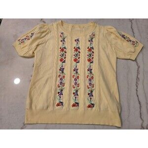Grandma Core Yellow Embroidered Cable Knit Sweater T Shirt Large Stretch Cottage